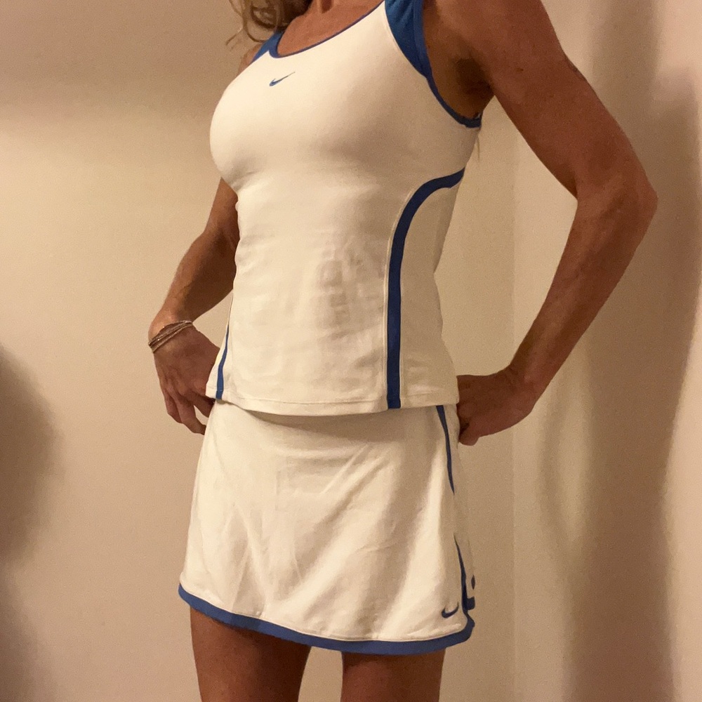 Nike Tennis Outfit. White Blue Trim skirt w/shorts inside, top with built in bra